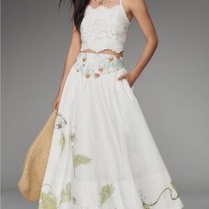 Anthropologie White and Green Floral Midi Skirt